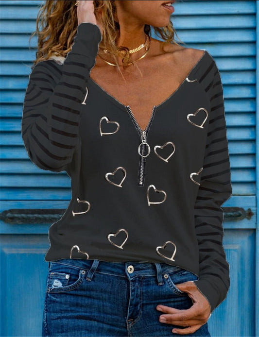 Women's Long Sleeve Heart Print V-Neck Zip T-Shirt