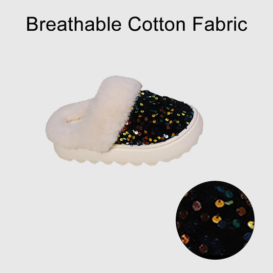 Sequined Large Wool Mouth Plush Toe Cap Cotton Slippers