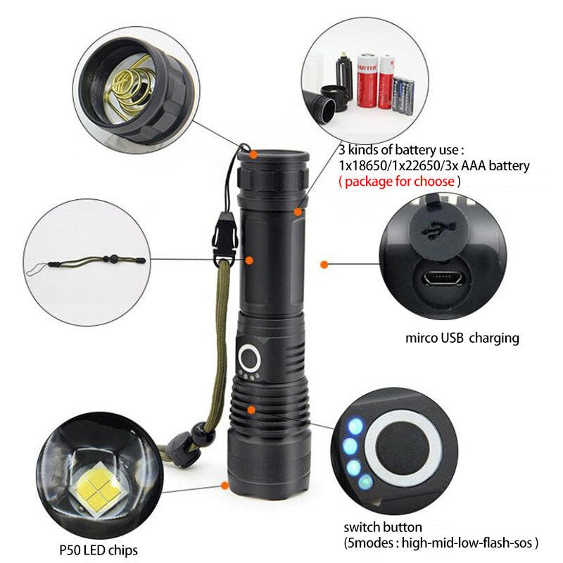 USB Charging Zoom P50 Flashlight - AGB LuxeDrop