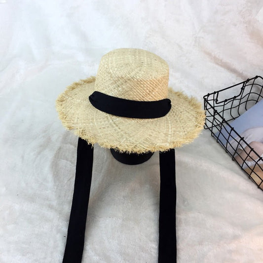 Flat - top raffia large - edge burred cotton ribbons with sunshade and sunscreen straw hat vacation beach hat tide - AGB LuxeDrop