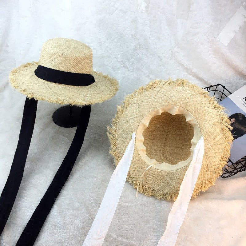 Flat - top raffia large - edge burred cotton ribbons with sunshade and sunscreen straw hat vacation beach hat tide - AGB LuxeDrop
