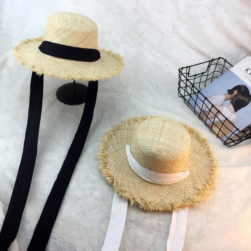 Flat - top raffia large - edge burred cotton ribbons with sunshade and sunscreen straw hat vacation beach hat tide - AGB LuxeDrop