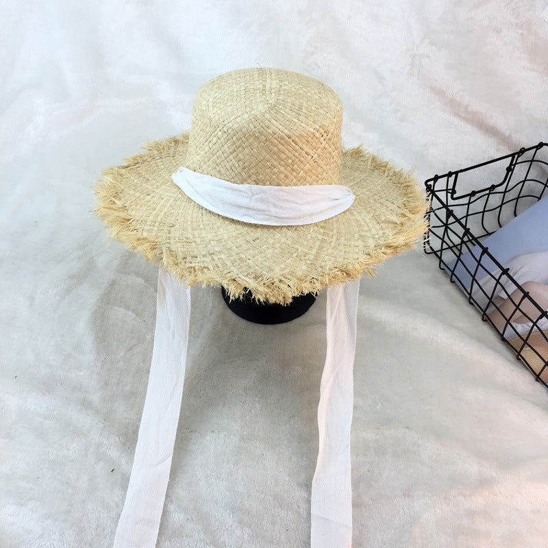 Flat - top raffia large - edge burred cotton ribbons with sunshade and sunscreen straw hat vacation beach hat tide - AGB LuxeDrop