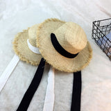 Flat - top raffia large - edge burred cotton ribbons with sunshade and sunscreen straw hat vacation beach hat tide - AGB LuxeDrop