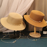 French Retro Pearl Chain Flat Straw Hat Elegant Top Hat Female Spring And Summer - AGB LuxeDrop