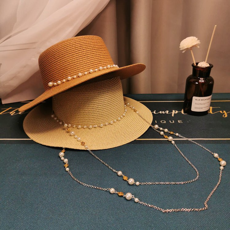 French Retro Pearl Chain Flat Straw Hat Elegant Top Hat Female Spring And Summer - AGB LuxeDrop