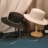 French Retro Pearl Chain Flat Straw Hat Elegant Top Hat Female Spring And Summer - AGB LuxeDrop