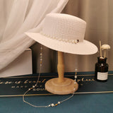 French Retro Pearl Chain Flat Straw Hat Elegant Top Hat Female Spring And Summer - AGB LuxeDrop
