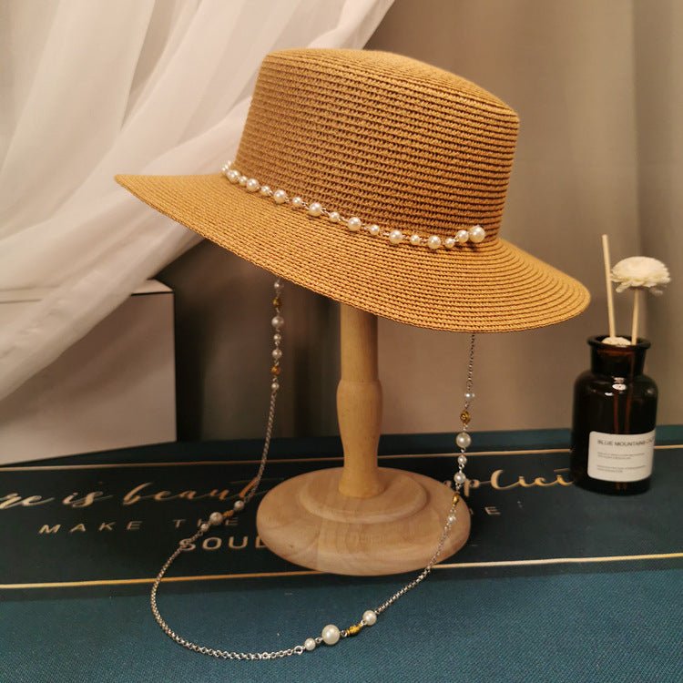 French Retro Pearl Chain Flat Straw Hat Elegant Top Hat Female Spring And Summer - AGB LuxeDrop