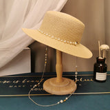French Retro Pearl Chain Flat Straw Hat Elegant Top Hat Female Spring And Summer - AGB LuxeDrop