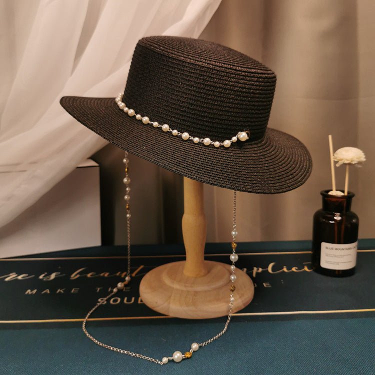 French Retro Pearl Chain Flat Straw Hat Elegant Top Hat Female Spring And Summer - AGB LuxeDrop