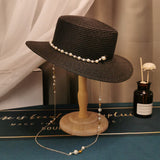 French Retro Pearl Chain Flat Straw Hat Elegant Top Hat Female Spring And Summer - AGB LuxeDrop