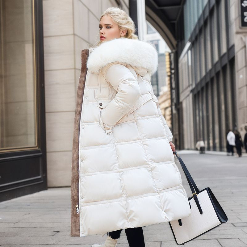 Winter Slim Long Jacket With Fur Hood And Belt For Women