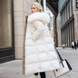 Winter Slim Long Jacket With Fur Hood And Belt For Women