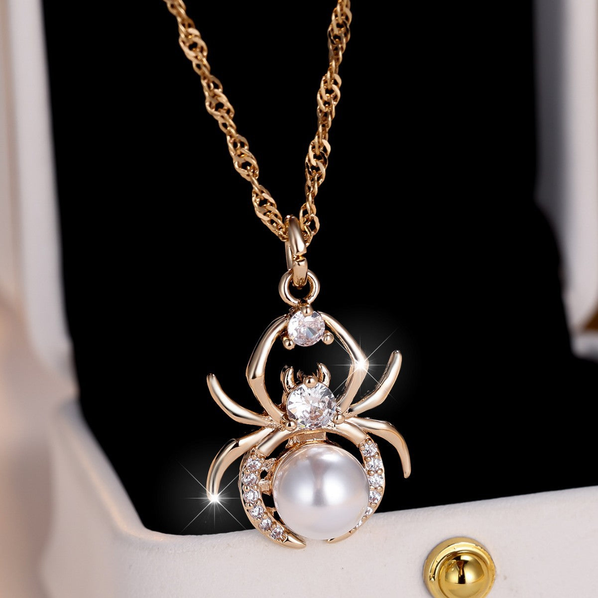 Champagne Gold Round White Diamond Pearl Spider Necklace