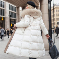 Winter Slim Long Jacket With Fur Hood And Belt For Women
