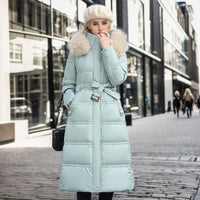 Winter Slim Long Jacket With Fur Hood And Belt For Women