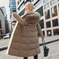 Winter Slim Long Jacket With Fur Hood And Belt For Women
