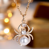 Champagne Gold Round White Diamond Pearl Spider Necklace