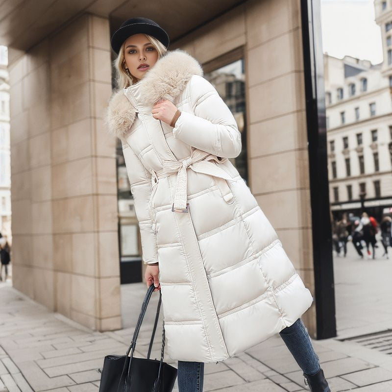 Winter Slim Long Jacket With Fur Hood And Belt For Women