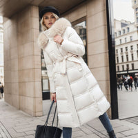 Winter Slim Long Jacket With Fur Hood And Belt For Women