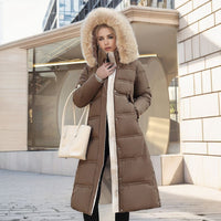 Winter Slim Long Jacket With Fur Hood And Belt For Women
