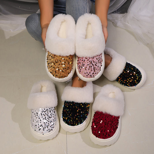 Sequined Large Wool Mouth Plush Toe Cap Cotton Slippers