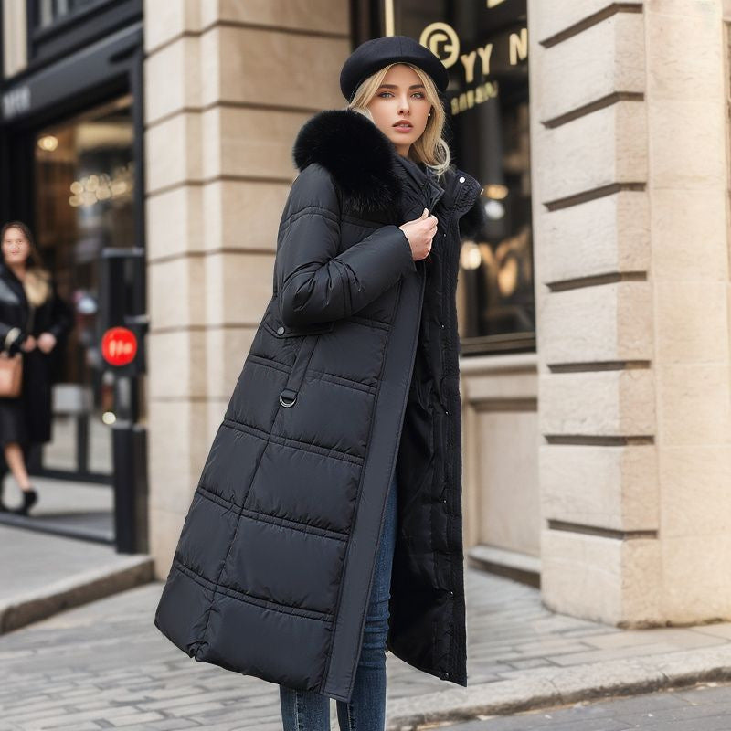 Winter Slim Long Jacket With Fur Hood And Belt For Women
