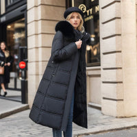 Winter Slim Long Jacket With Fur Hood And Belt For Women