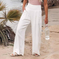 Spring And Summer Women's Clothing Cotton Linen Pure Color Elastic Waist Wide Leg Pants Casual Pants Trousers For Women